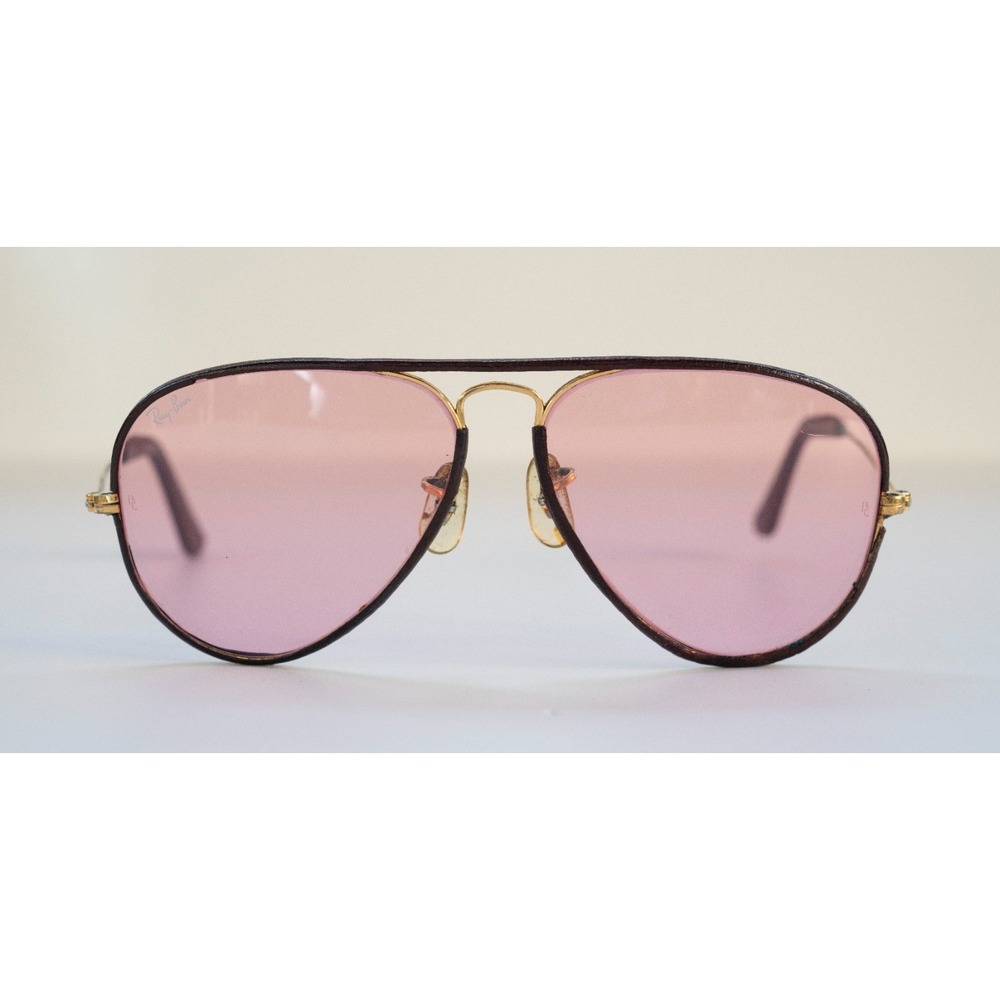 Vintage 1993 Ray-Ban Leather Aviators With Pink Lenses - Bausch and Lomb w/ Case